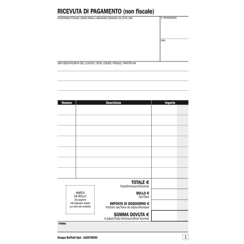 DATA UFFICIO BLOCCO RICEVUTE B&B AUTOCOPIANTE 2 COPIE 16.8X10 CM A6 25 PAGINE CONF 5 Pz.